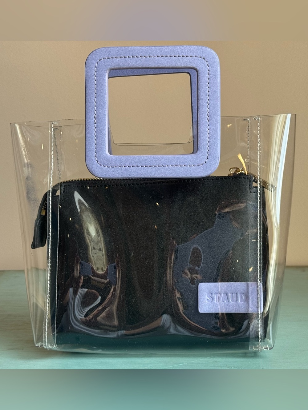 STAUD Shirley Clear Tote with Lilac Square Handles and Black Inner Pouch